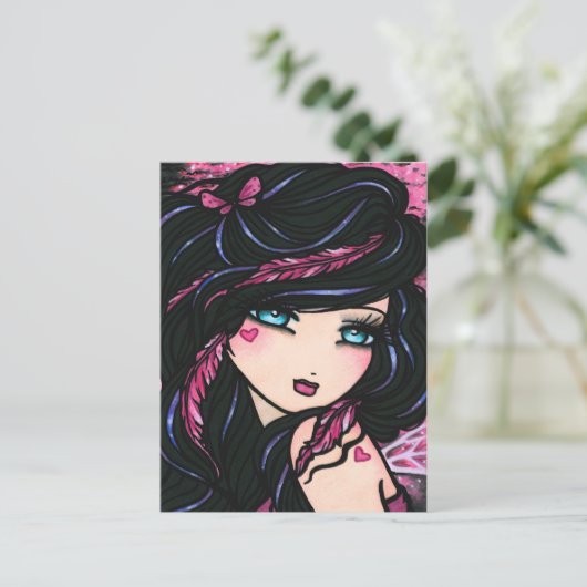 ピンクの羽の妖精のファンタジーの芸術の郵便はがき ポストカード (スタンド正面)