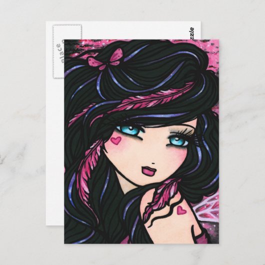 ピンクの羽の妖精のファンタジーの芸術の郵便はがき ポストカード (正面/裏面)