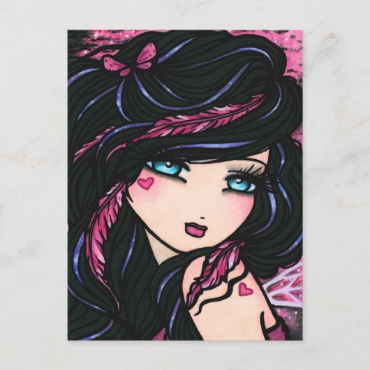 ピンクの羽の妖精のファンタジーの芸術の郵便はがき ポストカード (正面)