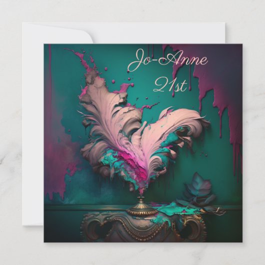 ピンクの羽の絵画破裂 招待状 (正面)