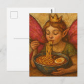 ピンクの羽を持つかわいい食べ妖精ラーメン ポストカード (正面/裏面)