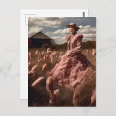 ピンクの羽毛の女性がフィールドヴィンテージ ポストカード (正面/裏面)