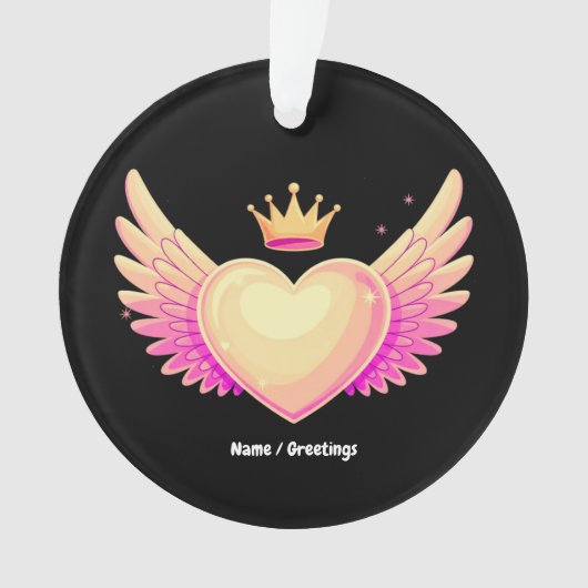 ピンクの翼とクール王冠AのTouchを持つ天使のハート オーナメント (正面)