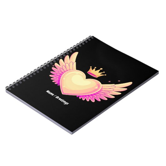 ピンクの翼とクール王冠AのTouchを持つ天使のハート ノートブック (左側)