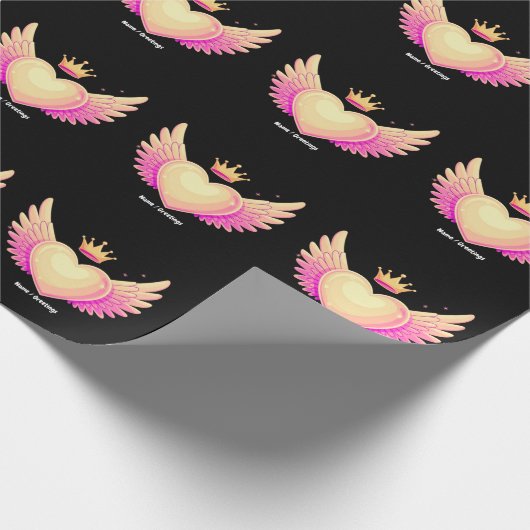 ピンクの翼とクール王冠AのTouchを持つ天使のハート ラッピングペーパー (角)