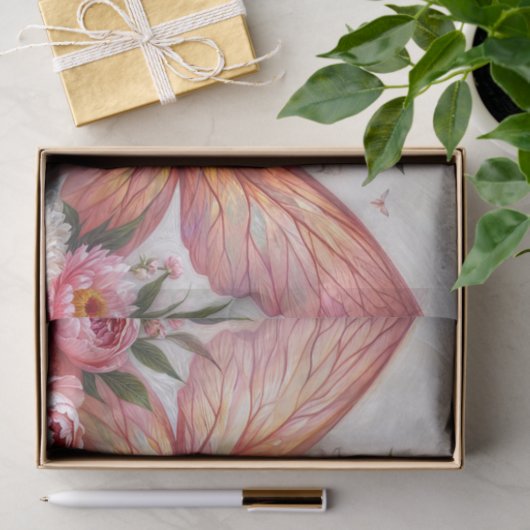 ピンクの翼と牡丹を持つ茶色の妖精 薄葉紙 (ギフト)