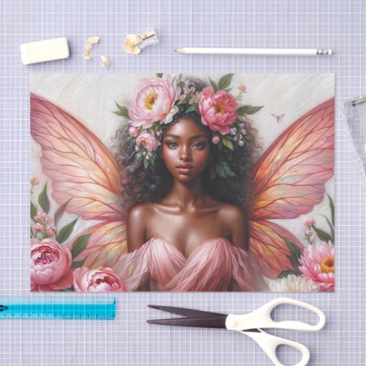 ピンクの翼と牡丹を持つ茶色の妖精 薄葉紙 (クラフト)