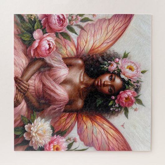 ピンクの翼アートを持つ暗い肌の妖精 ジグソーパズル (横)