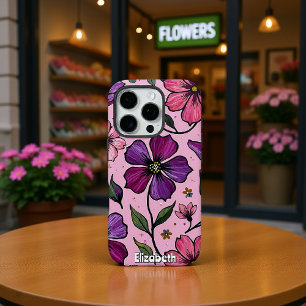 ピンクの背景にインパストの花 iPhone 16 PROケース