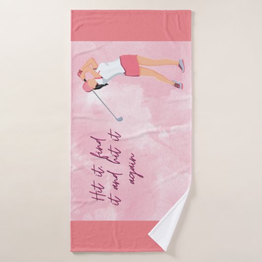 ピンクの背景にゴルフをするゴルフ女性 バスタオル (バスタオル)