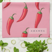 ピンクの背景にスパイシーな赤い唐辛子パターン キッチンタオル (折り畳み)