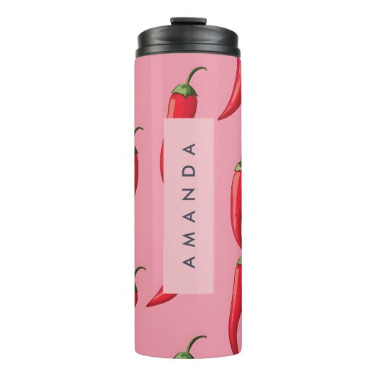 ピンクの背景にスパイシーな赤い唐辛子パターン タンブラー (正面)