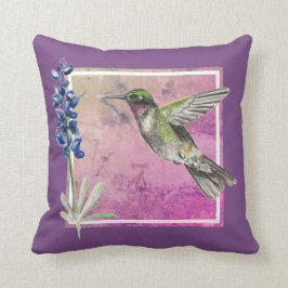 ピンクの背景にハミングバードとブルーボンネット クッション