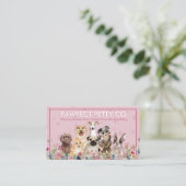 ピンクの背景にパウウォーターカラーの犬と花 名刺 (スタンド正面)