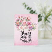 ピンクの背景にピンクのバラのサンキューカード ポストカード (スタンド正面)