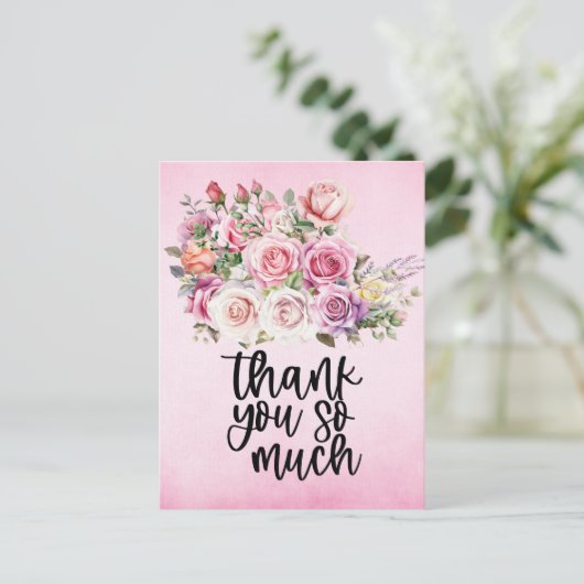 ピンクの背景にピンクのバラのサンキューカード ポストカード (スタンド正面)
