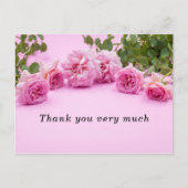 ピンクの背景にピンクのバラのサンキューカード ポストカード (正面)
