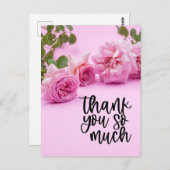 ピンクの背景にピンクのバラのサンキューカード ポストカード (正面/裏面)