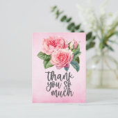 ピンクの背景にピンクのバラのサンキューカード ポストカード (スタンド正面)