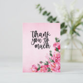 ピンクの背景にピンクのバラのサンキューカード ポストカード (スタンド正面)