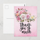 ピンクの背景にピンクのバラのサンキューカード ポストカード (正面/裏面)