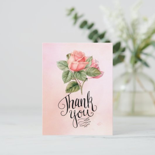 ピンクの背景にピンクのバラのサンキューカード ポストカード (スタンド正面)