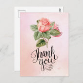 ピンクの背景にピンクのバラのサンキューカード ポストカード (正面/裏面)