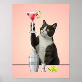 ピンクの背景にピンク・マルティーニを持つ猫のアート ポスター