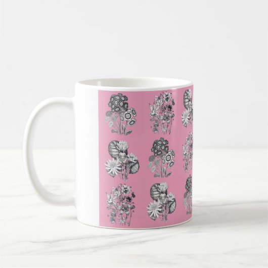 ピンクの背景にモノクロのお花 コーヒーマグカップ (左)