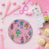 ピンクの背景に可愛いカラフルロボット ペーパープレート (パーティー)