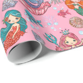 ピンクの背景に可愛い漫画の人魚 ラッピングペーパー (ロールコーナー)