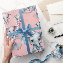 ピンクの背景に可愛い象のプリント ラッピングペーパー