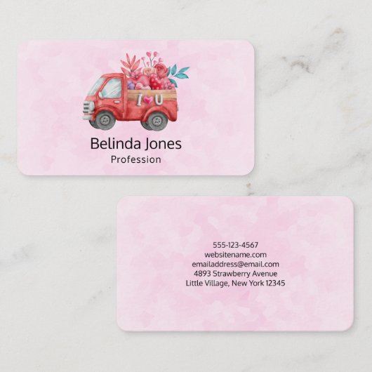 ピンクの背景に可愛い赤いラブトラック 名刺 (正面/裏面)