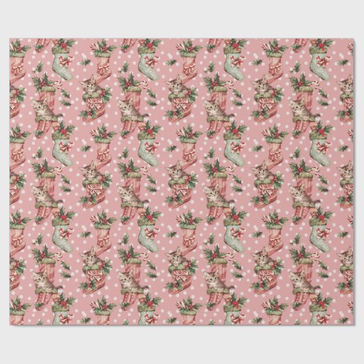 ピンクの背景に子猫を付けたクリスマスストッキング ラッピングペーパー (フラット)