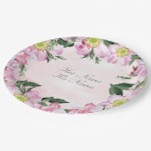 ピンクの背景に犬のバラ結婚の ペーパープレート (アングル)