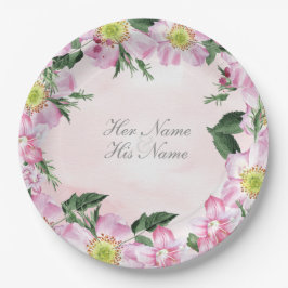 ピンクの背景に犬のバラ結婚の ペーパープレート