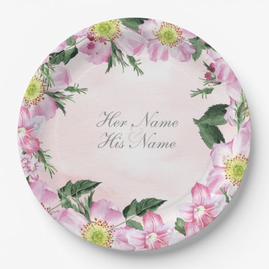 ピンクの背景に犬のバラ結婚の ペーパープレート (正面)