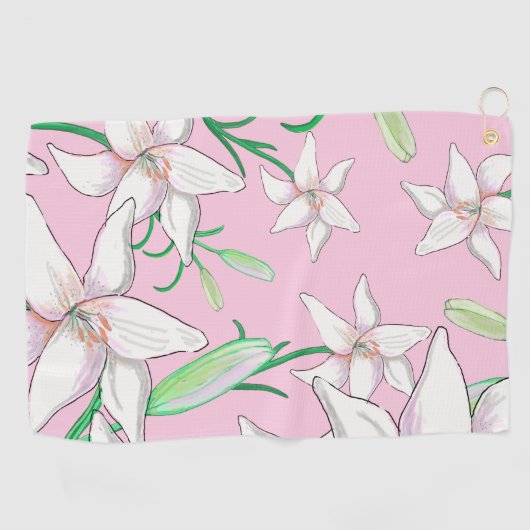 ピンクの背景に白いユリイラストレーション ゴルフタオル (横)