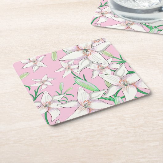 ピンクの背景に白いユリイラストレーション スクエアペーパーコースター (アングル)
