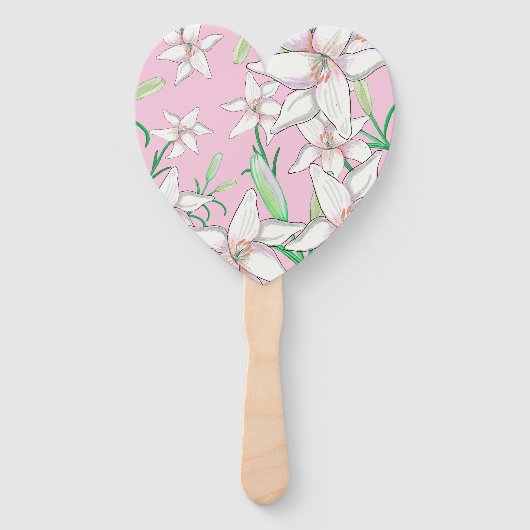 ピンクの背景に白いユリイラストレーション ハンドファン (正面)