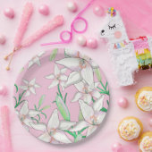 ピンクの背景に白いユリイラストレーション ペーパープレート (パーティー)