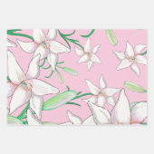 ピンクの背景に白いユリイラストレーション ラッピングペーパーシート (正面)