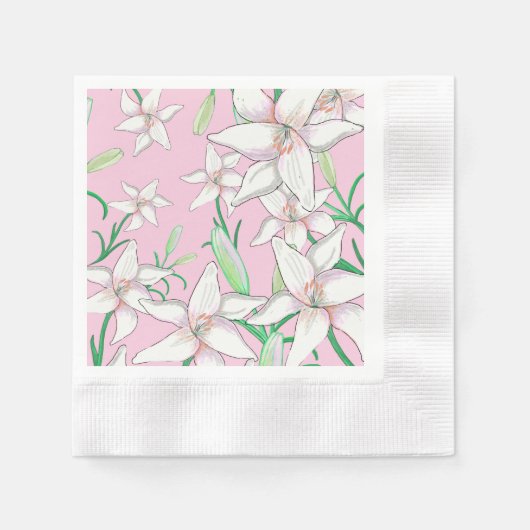 ピンクの背景に白いユリイラストレーション 縁ありカクテルナプキン (正面)
