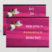 ピンクの背景に白いリボンの誕生日 招待状 (正面/裏面)