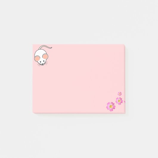 ピンクの背景に白い可愛いネズミとピンクの花 ポストイット (正面)