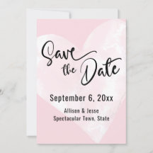 ピンクの背景に白い水彩ハートの「Save the Date」カード
