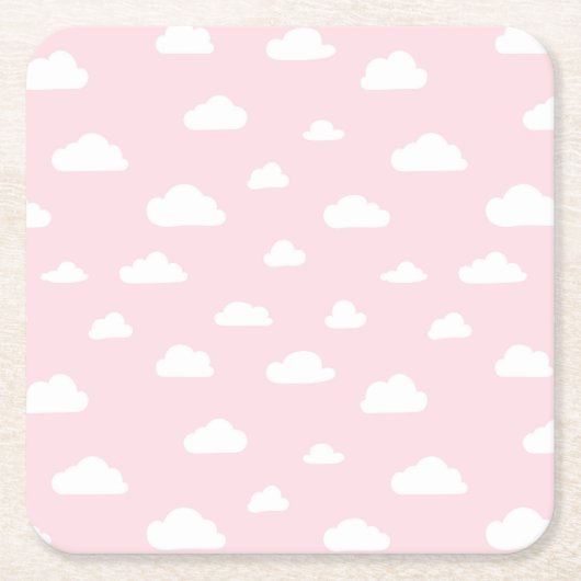 ピンクの背景に白い漫画の雲が描かれている スクエアペーパーコースター (正面)