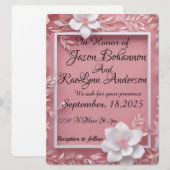 ピンクの背景に白い花と白いフレーム セーブザデート (正面/裏面)