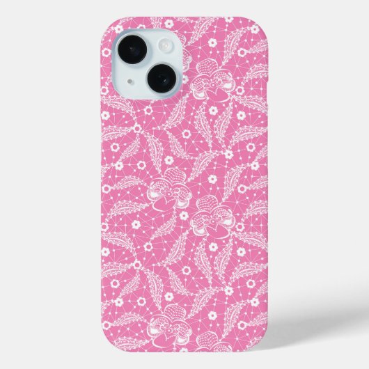 ピンクの背景に白い花のレース Case-Mate iPhoneケース (裏面)