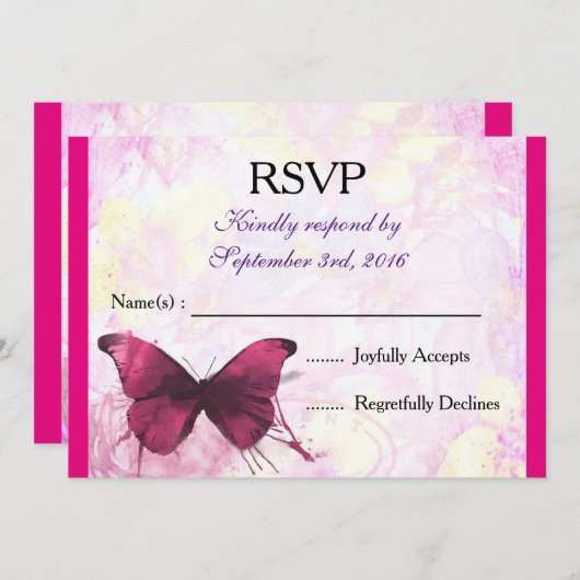 ピンクの背景に紫の水彩蝶の招待返信カード 招待状 (正面/裏面)
